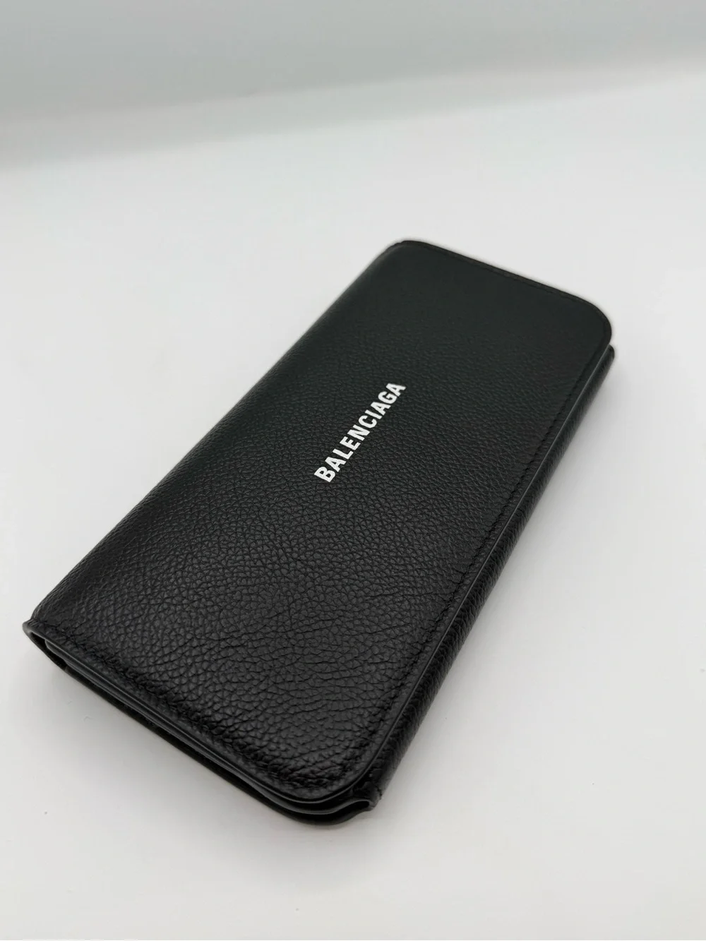 Balenciaga Black Pebbled Leather Long Wallet with White Logo